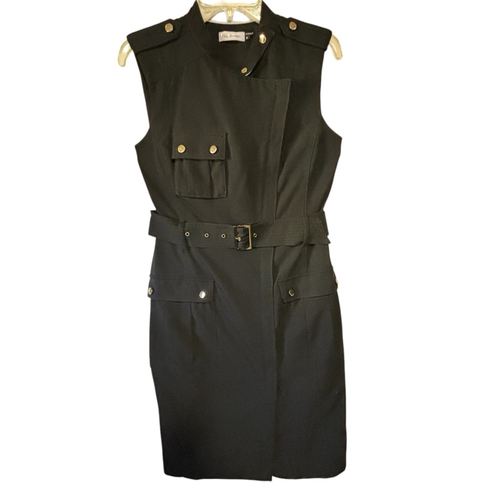 Calvin Klein black asymmetrical sleeveless sheath dress SZ 8 Buckled belt